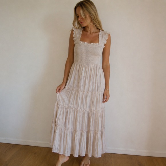 Kourt Dresses & Skirts - Kourt Womens Dress Large Champagne Smocked Tiered Ruffle Shimmer Cottagecore